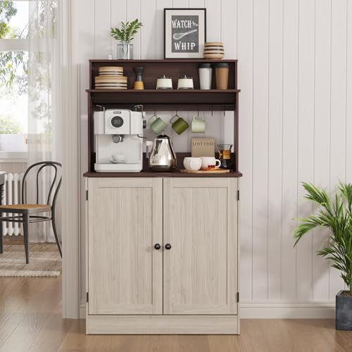 MHOM Farmhouse Bar Cabinet with Storage, Coffee Station Cabinet with 5 Hooks, Small Coffee Bar for Kitchen & Living Room, Antique Oak - color: Oak