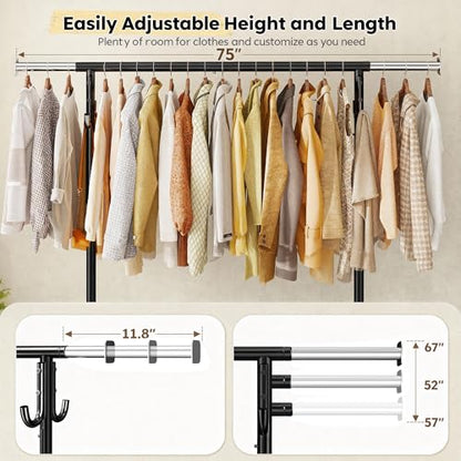 Raybee 75" W Heavy Duty Clothes Rack Load 450 LBS, Metal Garment Storage with Shelf, Lockable Wheels & Anti-Slip Stoppers, Rolling Clothing Rack for Bedroom Laundry Room, Black - color: Black, style: Rod Shelf