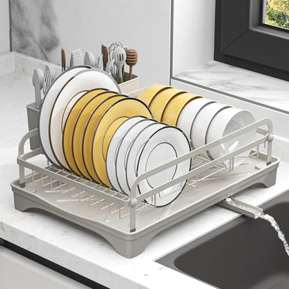 Dish Drying Rack,Dish Racks for Kitchen Counter,Metal Dish Drainer with Adjustable Drainage Spout,Removable Knife and Fork Holder (Grey) - color: 1 Tier - Grey
