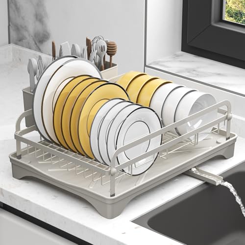 Dish Drying Rack,Dish Racks for Kitchen Counter,Metal Dish Drainer with Adjustable Drainage Spout,Removable Knife and Fork Holder (Grey) - color: 1 Tier - Grey