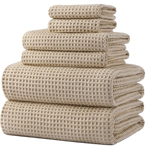 POLYTE 430 GSM Microfiber Quick Dry Lint Free Oversize Bath Towel Set, 6 Piece (Waffle Weave) - color: Beige