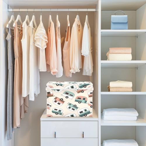 Retro Camper Trailers Storage Bins with Lids Foldable Storage Basket with Handles Collapsible Large Fabric Organizer Containers for Clothes Shelves Closet Office Home
