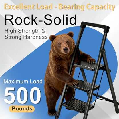 3 Step Ladder with Handrail Folding Step Stool with Tool Tray | 500LBS Capacity Sturdy Carbon Steel Frame Anti-Slip Stripe Pedal for Home Kitchen Garage (black-3step) - color: Black-tool, size: 3 step