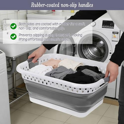 2 Pcs Collapsible Laundry Baskets, 11 Gallon 42L Collapsible Laundry Clothes Hamper, Foldable Laundry Hamper with Non-Slip Handles, Portable Space Saving Pop-Up Laundry Hamper Container (Grey-White)