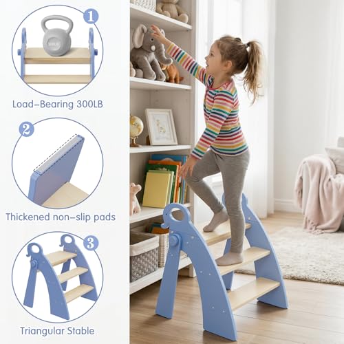 Wooden 3 Step Stool for Kids Bathroom Sink Foldable Anti-Slip, Child Stepping Stool for Bedroom - color: Blue Ele