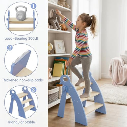 Wooden 3 Step Stool for Kids Bathroom Sink Foldable Anti-Slip, Child Stepping Stool for Bedroom - color: Blue Ele