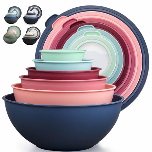 Zulay Kitchen 12 Piece Plastic Mixing Bowls with Leak-Proof Lids Set - Microwave and Freezer Safe Kitchen Mixing Bowls for Preparing, Serving and Storing - Large Nesting Bowls (Cotton Candy Ombre) - color: Cotton Candy