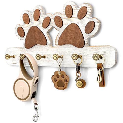 MTERSN Farmhouse Key Holder for Wall - Decorative Dog Leash Hanger and Coat Rack Wall Mount with 6 Unique 3D Claw Hooks - Dog Toys Organizer for Rustic Home Decor (White) - color: White