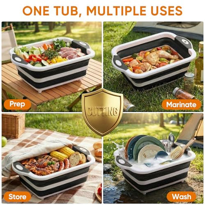 Collapsible BBQ Prep Tub with Lid, Foldable Camping Sink with Colander, Cutting Board, Dish Basin for Kitchen, Bowl, Vegetable and Fruit, Storage Basket for Picnic-Black - color: Black