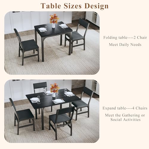 HUAHUU Dining Table Set for 4, Extendable Kitchen Table Cushion Chairs Set of 4, Rectangle Dining Table with Metal Frame & MDF Board, Folding for Small Apartment Saving Space, Black - color: Black