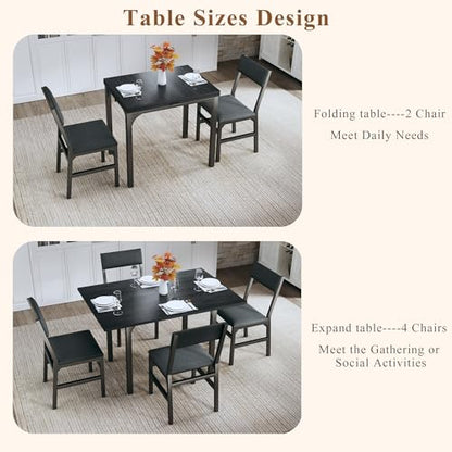 HUAHUU Dining Table Set for 4, Extendable Kitchen Table Cushion Chairs Set of 4, Rectangle Dining Table with Metal Frame & MDF Board, Folding for Small Apartment Saving Space, Black - color: Black