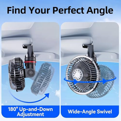 12V Car Clip Fan & 24V Truck Fan, SUV Sun Visor, 1.7m Cord, Strong Airflow Stepless Speed, Semi Truck Sleeper Quiet Cooling Fan