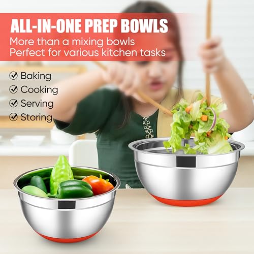 E-far Stainless Steel Mixing Bowls with Lids Set, 5-Piece Nesting Salad Bowls with 3 Grater Attachments and Non-Slip Bottoms, Size 4.6, 2.6, 2, 1.5, 1QT for Kitchen (Red) - color: Red, size: 5 Regular Sizes