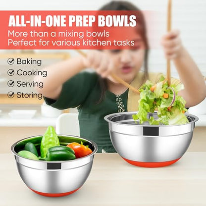 E-far Stainless Steel Mixing Bowls with Lids Set, 5-Piece Nesting Salad Bowls with 3 Grater Attachments and Non-Slip Bottoms, Size 4.6, 2.6, 2, 1.5, 1QT for Kitchen (Red) - color: Red, size: 5 Regular Sizes