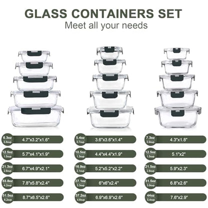 KOMUEE 30 Pieces Glass Food Storage Containers Set, Glass Meal Prep Containers Set with Snap Locking Lids, Airtight lunch Containers for Microwave, Oven, Freezer & Dishwasher,Gray - color: Gray