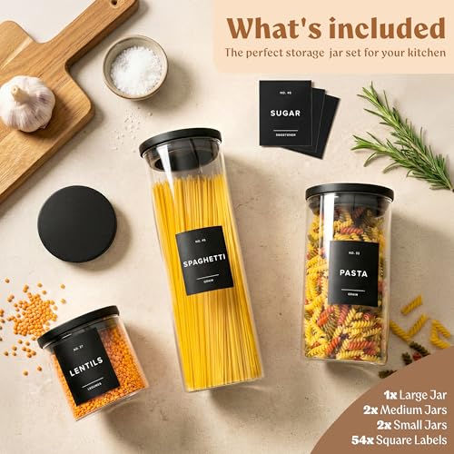 EDELHAUS Glass Storage Containers with Black Lids [Extra Thick Glas] with 54 Labels - Canister For Pantry Noodles Flour Cereal Rice Sugar Tea Coffee Beans - Round Set of 5x - color: 5 Pack - Black Lids
