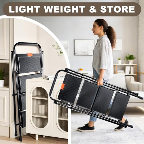 Valeo 4 Step Ladder, 4 Step Ladder for Adults with with Safe-Lock Design, Wide Anti-Slip Pedal, 500lbs Sturdy Steel Ladder, Step Stool Foldable with Cushioned Handle,Black - style: 4 Step Ladder