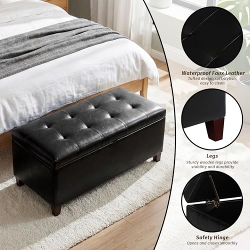 Joveco Storage Ottoman Bench, 33 Inches Faux Leather Rectangle Tufted Foot Stool for End Foot of Bed, Bedroom, Living Room, Black - color: Rectangular Black