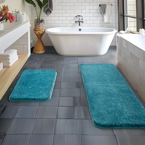 MIULEE Teal Bathroom Rugs Set 2 Piece, Soft Absorbent Microfiber Bath Mat Set, Non Slip Quick Dry Machine Washable Plush Shaggy Bath Rugs for Bathroom Floor, Tub and Shower, 16"x48"+16"x24" - color: Teal, size: 16''x24'' + 16''x48''