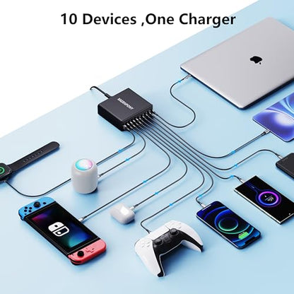 320W USB C Charger Block, 10-Port USB C Charging Station GaN III PD 65W Laptop Fast Charger Adapter for MacBook Pro/Air, DELL, iPad, iPhone, Samsung Galaxy Black - color: Black
