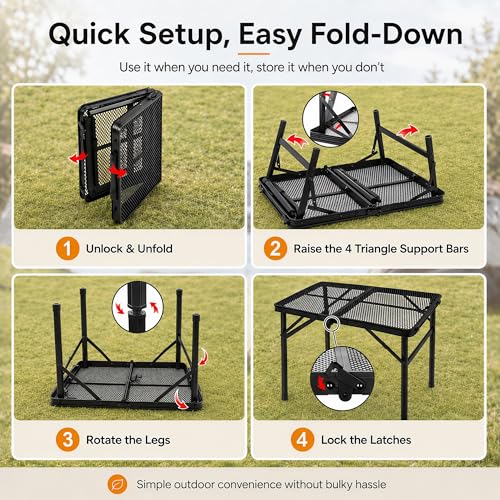 Folding Grill Table Camping Table with Mesh Desktop, Lightweight & Portable Outdoor Picnic Table, Height Adjustable Portable for Outside Inside Use - size: Regular Size
