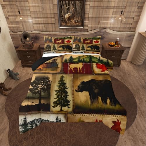 Rustic Farmhouse Bedding Comforter Sets Full Size, Retro Cabin Lodge Bedding Sets, Hunting Bear Deer Comforter Set, Country Maple Leaves Duvet Insert, Rustic Woodland Pine Tree Quilt, Red Brown - color: Multi 03, size: Full