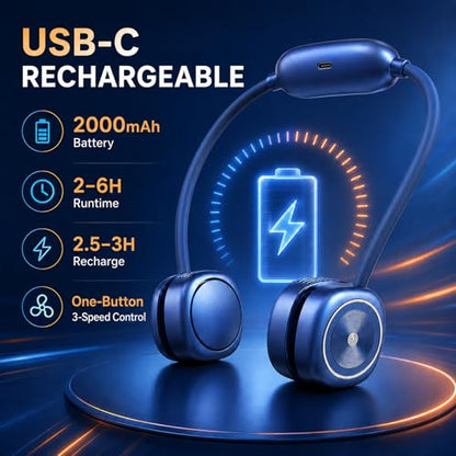 Foldable Neck Fan, Portable Neck Fan Rechargeable, Bladeless Quiet 360° Adjustable Personal Fan, 3 Speeds Hands Free Wearable Fan for Travel, Walking, Camping, Office, Navy Blue - color: F08