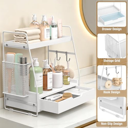 2-Tier Bathroom Counter Organizer with Drawer and Removable Basket, Wood Vanity Countertop Storage for Perfume, Makeup, Skincare, Bathroom Counter Shelf, 13" x 7.9" x 14.5", White - color: White