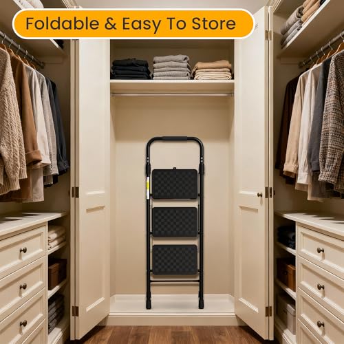 HBTower 3 Step Ladder, Folding Step Stool with Wide Anti-Slip Pedal, Step Stool Foldable with Cushioned Handle for Home and Kitchen, Black