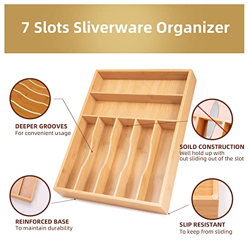 Upassion Bamboo Kitchen Drawer Organizer, 13 Inch Silverware Organizer with Extra-deep Grooved Divider, 7 Slots Pure Bamboo Wood Caddy for Flatware Cutlery Knives, Forks, Spoons - size: 13 x 17 inch (7 Slots)