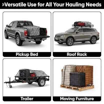 Heavy Duty Latex Cargo Net for Pickup Truck Bed 4'x6' (Stretches to 8'x12'), Bungee Mesh Truck Tie Down Net with 10 Metal Carabiners, 16ft Strap & Breathable Storage Bag - size: Medium 1.2x1.8m