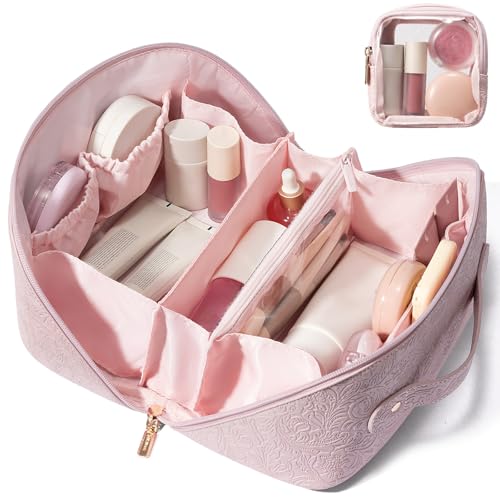 LOVEVOOK Travel Makeup Bag for Women, 2Pcs Large Capacity Cosmetic Organizer Bag, Waterproof PU Leather, Flat Open Portable Small Toiletry Pouch for Skincare, Brushes & Travel Essentials - color: Pink Embossed, size: Medium
