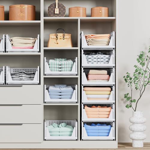 5 Pack Stackable Closet Storage Basket - Stackable Storage Bins, Multifunctional & Foldable Closet Organizer Waterproof, Wardrobe Cupboard Space-Saving Hat Storage Drawer Organizer, White - size: 5 Pack White