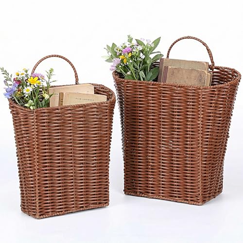 2 Pack PE Rattan Hanging Wall Basket Wicker Hanging Basket for Front Door Mail Flowers Books Accessories Organizing Boho Rustic Farmhouse Wall Decor (Oval Opening)