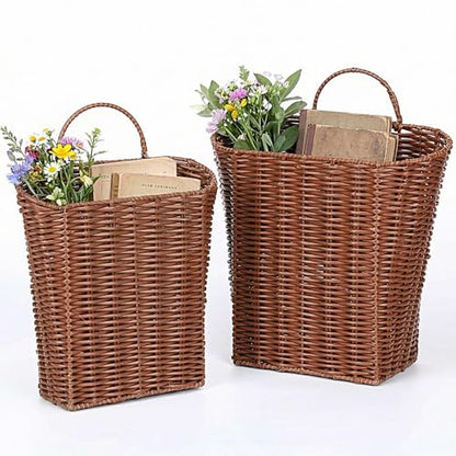 2 Pack PE Rattan Hanging Wall Basket Wicker Hanging Basket for Front Door Mail Flowers Books Accessories Organizing Boho Rustic Farmhouse Wall Decor (Oval Opening)