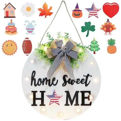 Interchangeable Welcome Sign for Front Door with 14 Changeable Icons, Farmhouse Front Porch Decor Rustic Wooden Wall Sign with 12 LED Lights, Outdoor Seasonal Welcome Home Decorations (White1) - color: White