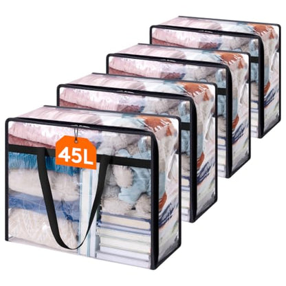 Lifewit 4 Pack Clear Clothes Storage Bags, 45L Plastic Blanket Storage Bag, Vinyl Foldable Moving Bags with Zipper, Closet Organizers and Storage Containers for Bedding, Duvet, Comforter - size: 45L