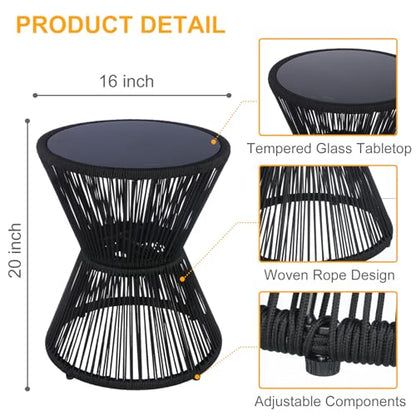 SUNNYPARK Outdoor Side Table 20'' H Small End Tables Woven Rope Weather Resistant with Glass Top Round Coffee Table for Indoor Balcony Patio Poolside (Black) - color: Black