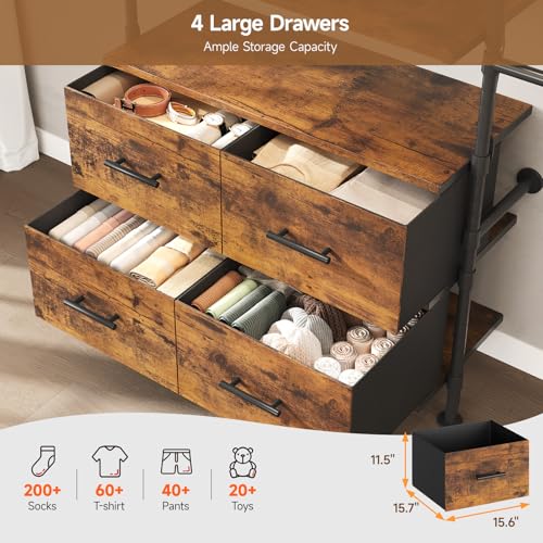 T3 Closet System with Stepless Dimmable LED Light, Industrial Pipe Clothing Rack with 4 Drawers, 6 Wooden Shelves & 4 Telescopic Rods, Heavy Duty Closet Organizers in Wardrobe Closet (Rustic Brown) - color: Rustic Brown