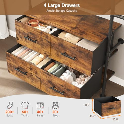 T3 Closet System with Stepless Dimmable LED Light, Industrial Pipe Clothing Rack with 4 Drawers, 6 Wooden Shelves & 4 Telescopic Rods, Heavy Duty Closet Organizers in Wardrobe Closet (Rustic Brown) - color: Rustic Brown