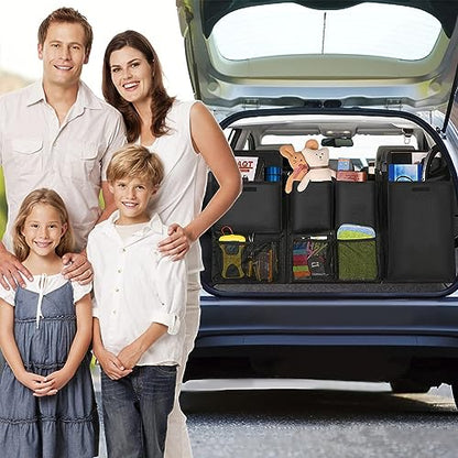BESULEN Car Trunk Organizer, Hanging Cargo Bag with Large Pockets, Zippers Detachable Seat Back Storage with Lids, Equipped with Elastic Net, Foldable Space Saving Expert for Car, SUV, Van (Gray)