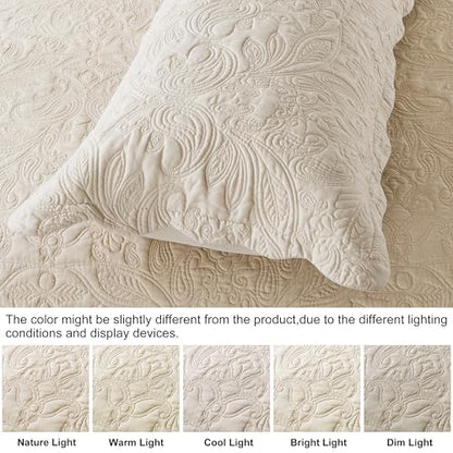 HoneiLife Quilt Set Queen Size - 3 Piece Embroidered Microfiber Bedspread Reversible Coverlet Lightweight Bedcover Paisley Pattern Bedding Set All Season Quilts-Khaki - color: Khaki, size: Queen/Full-90"x96"