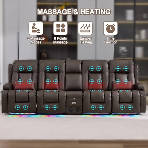 TUNYI Power Loveseat Recliner Sofa with Massage & Heat Home Theater Seating with Console RV Recliner Loveseat Sofa with USB/Storage/Side Pocket/LED Light/Speaker (Brown) - color: Brown, size: 4 Seat with console
