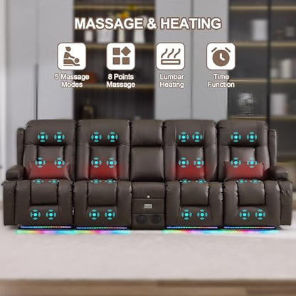 TUNYI Power Loveseat Recliner Sofa with Massage & Heat Home Theater Seating with Console RV Recliner Loveseat Sofa with USB/Storage/Side Pocket/LED Light/Speaker (Brown) - color: Brown, size: 4 Seat with console