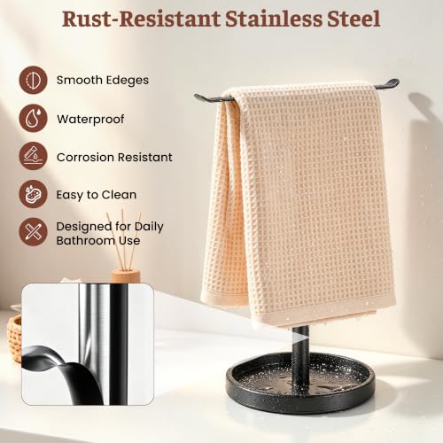 Stainless Steel Hand Towel Holder with Storage Tray for Bathroom Countertop | Weighted base with anti-slip pads keeps towels stable while the tray neatly stores jewelry, watches and essentials. - color: Black-1p（with Tray）