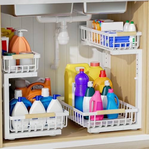 2Pcs Under Sink Organizer, Adjustable Under Sink Organizers and Storage, 2-Tier Pull Out Under Kitchen Sink Organizer, Sliding Out Metal Under Bathroom Sink Organizer for Kitchen Pantry White - color: White