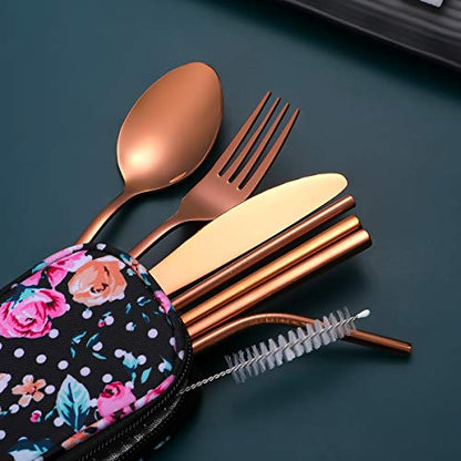 Travel Utensils,Reusable Silverware Set To Go Portable Cutlery Set with a Waterproof Carrying Case for Lunch Boxes Workplace Camping Picnic (Rosegold) - color: Rosegold