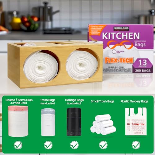Libreshine Extra Large Bamboo 2-in-1 Trash Bag Dispenser & Roll Holder – Fits Costco Kirkland & Members Mark Jumbo Rolls, Wall/Under-Sink/Cabinet Mountable, Dual-Slot Storage for 2 Rolls - color: Natural, Large 2-slot