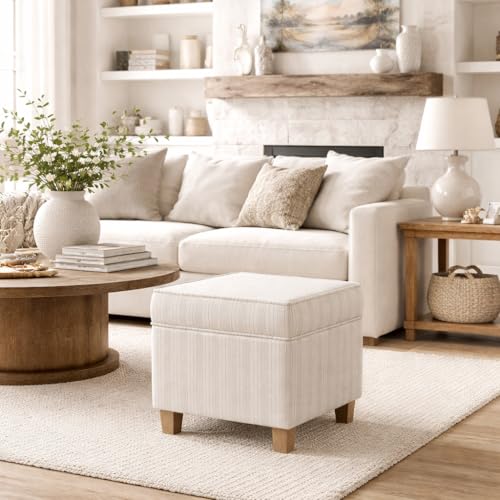 HomePop 18" Classic Square Storage Ottoman - Marigold Pinstripe Cream - color: Marigold Pinstripe Cream Fabric