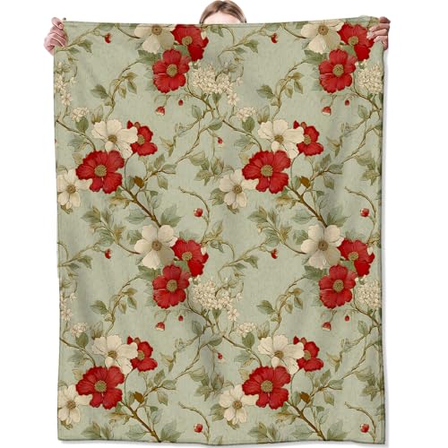 Vintage Floral Blanket, Elegant Red and Beige Flower Blankts, Gifts for Women Girls, Home Dorm Cabin Pet Area Picnic and Travel Decor, Soft Cozy Lightweight Flannel Throw, 40"x50" - color: Floral, size: 40x50 inch